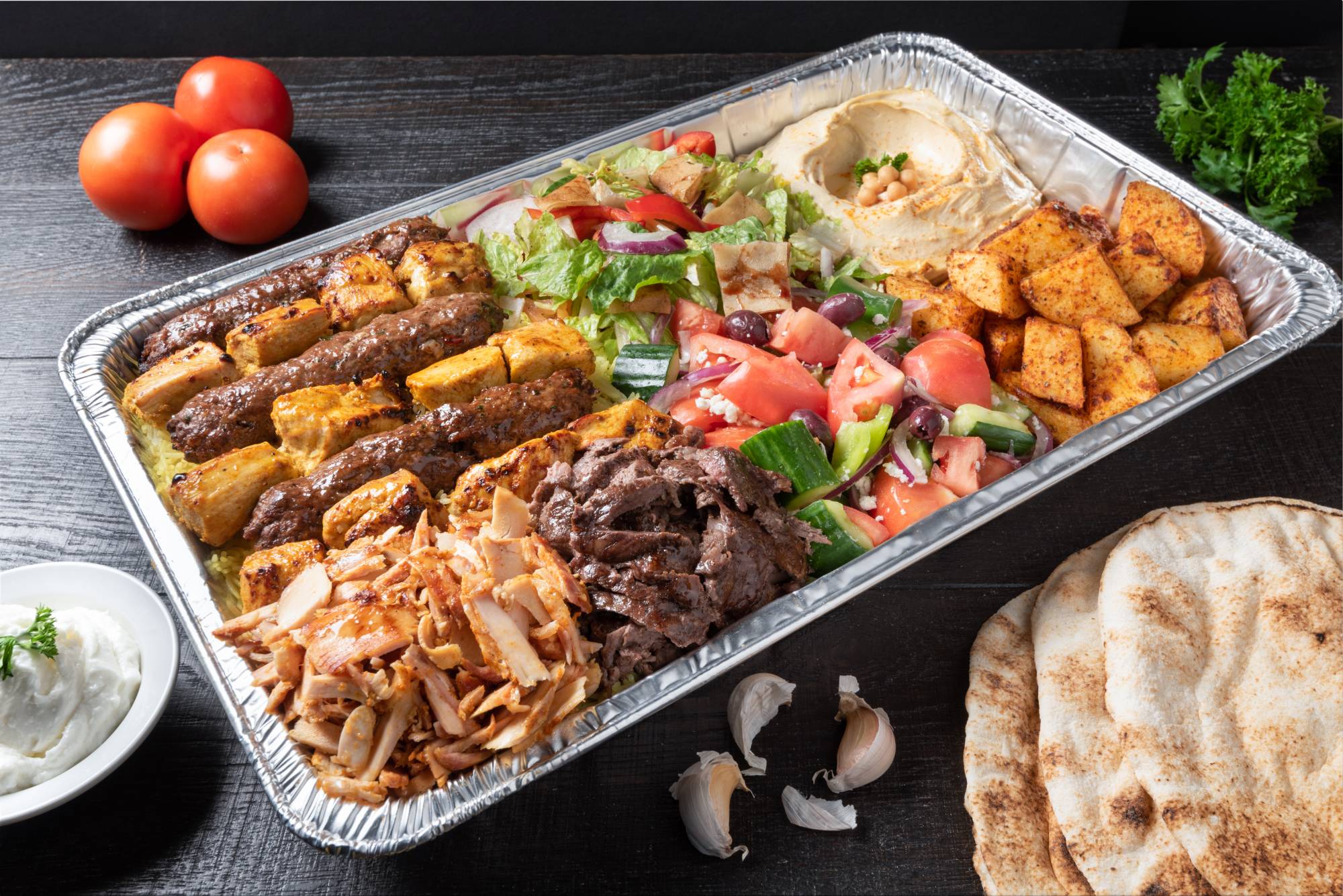 Mixed grill family tray with kabab, kafta and shawarma